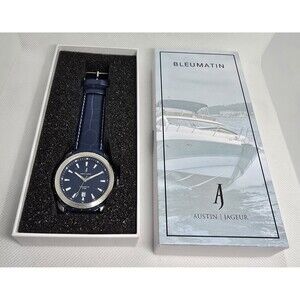 Men's Bleumatin Austin Jageur Classic Date Blue Dial Leather Strap Watch